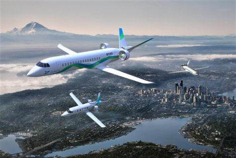 A Zunum Aero aircraft and a smaller private jet model flying together