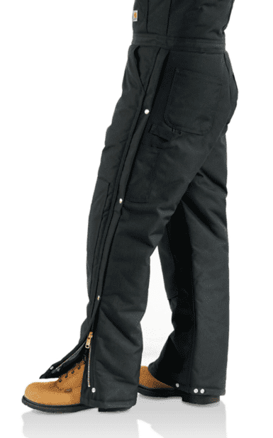 The Best Hunting Bibs for Cold Weather - Cheapest Pick - Carharrt Yukon Arctic Quilt Bibs side view showing the zipper and wind flaps