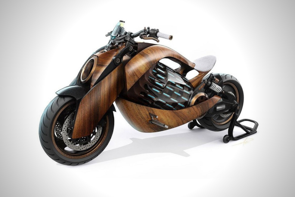 The EV-1 from Newron Motors combines metal, wood, and a retro-futuristic design
