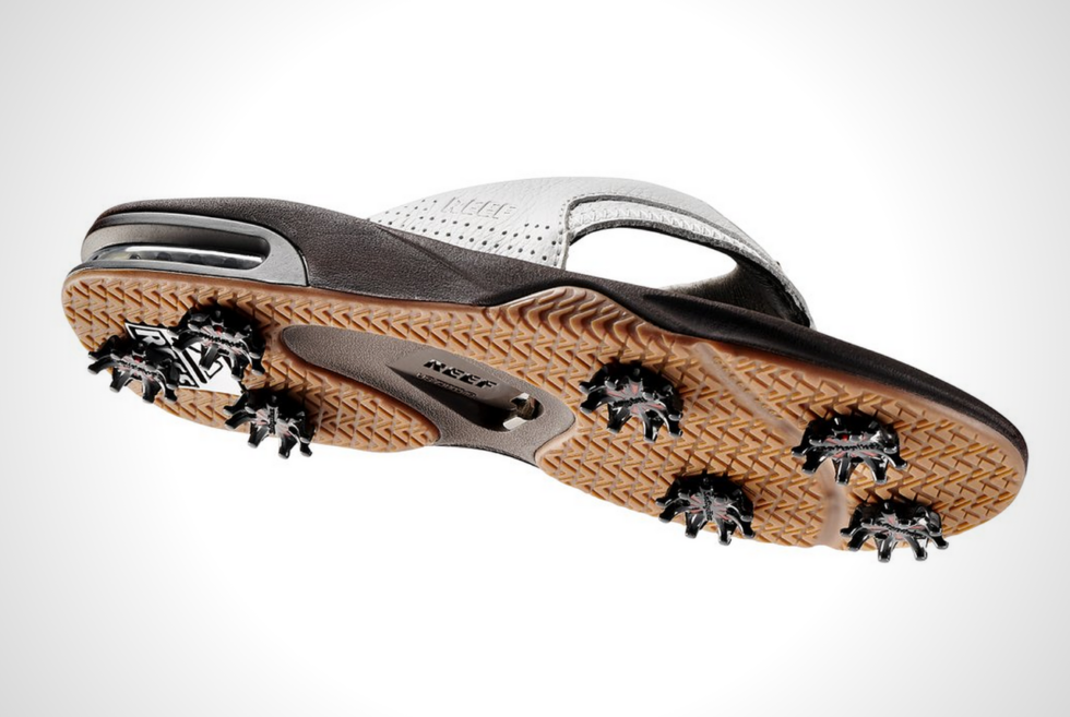 Reef’s signature bottle opener remains intact on its Spackler golf sandals