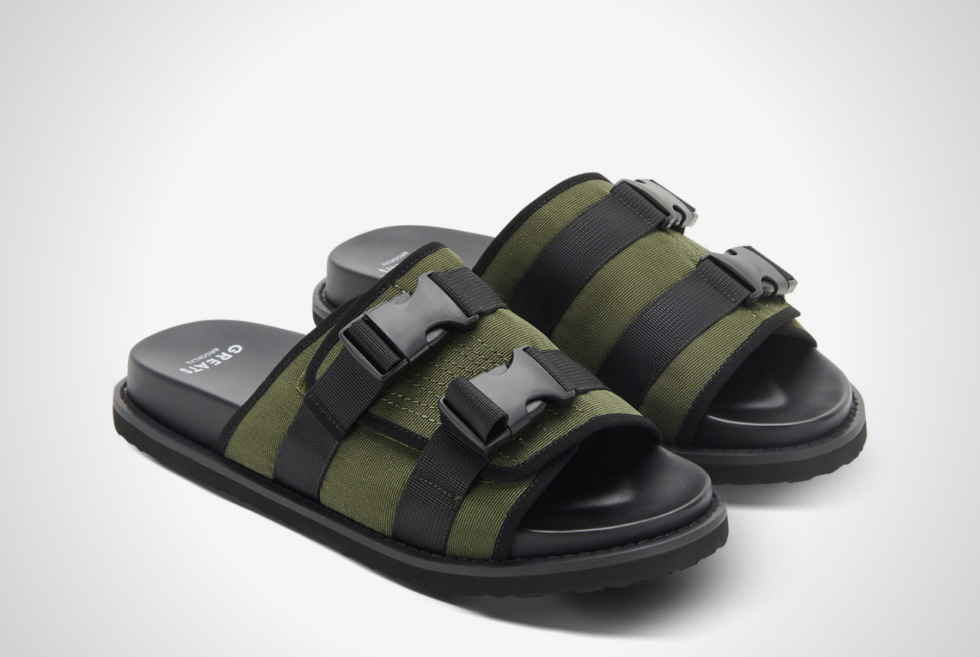 GREATS uses 100% recycled ballistic nylon from fishing nets for the Classon Utility Slide