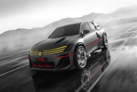 Peugeot E-T16 electric hyperhatch driving with yellow lights and red accents