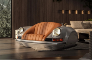 Silver Arkadia-Life P01 Classic Sofa with tan leather seat and illuminated round headlamps