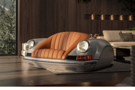 Silver Arkadia-Life P01 Classic Sofa with tan leather seat and illuminated round headlamps