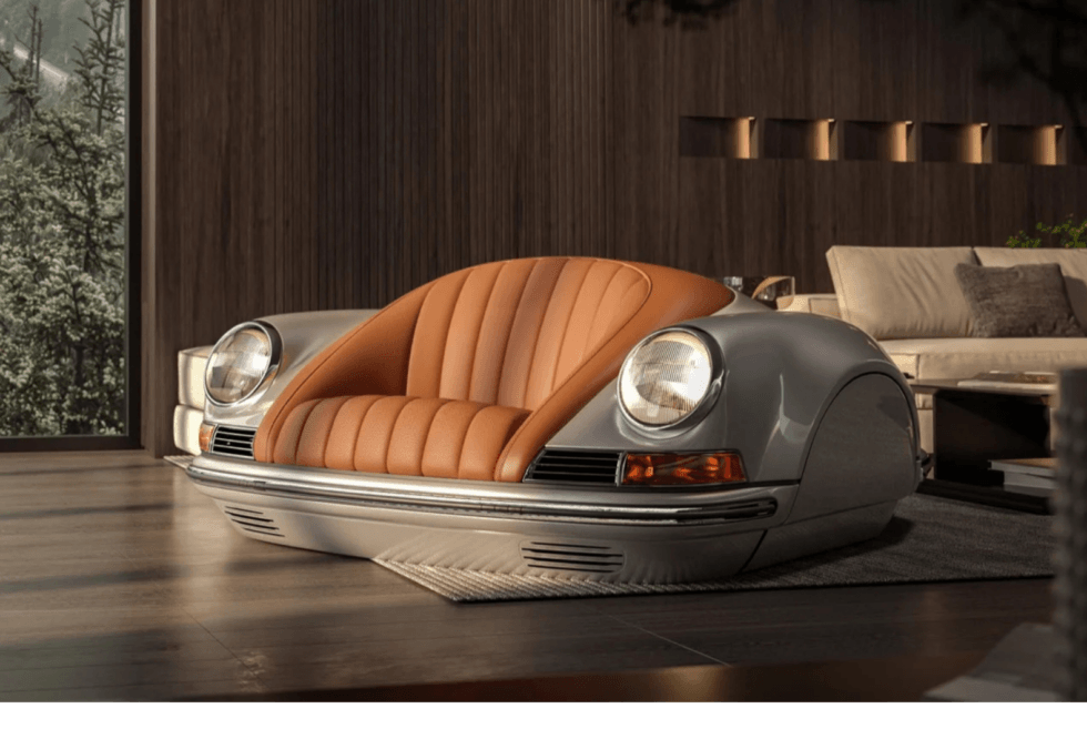 Silver Arkadia-Life P01 Classic Sofa with tan leather seat and illuminated round headlamps