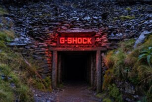 Entrance to Cwmorthin Slate Mine illuminated by a red G-SHOCK sign