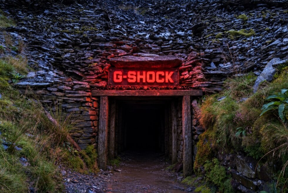 Entrance to Cwmorthin Slate Mine illuminated by a red G-SHOCK sign