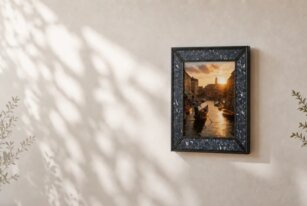 Inkanva full-color E-Ink canvas displaying Venice artwork on a sunlit wall
