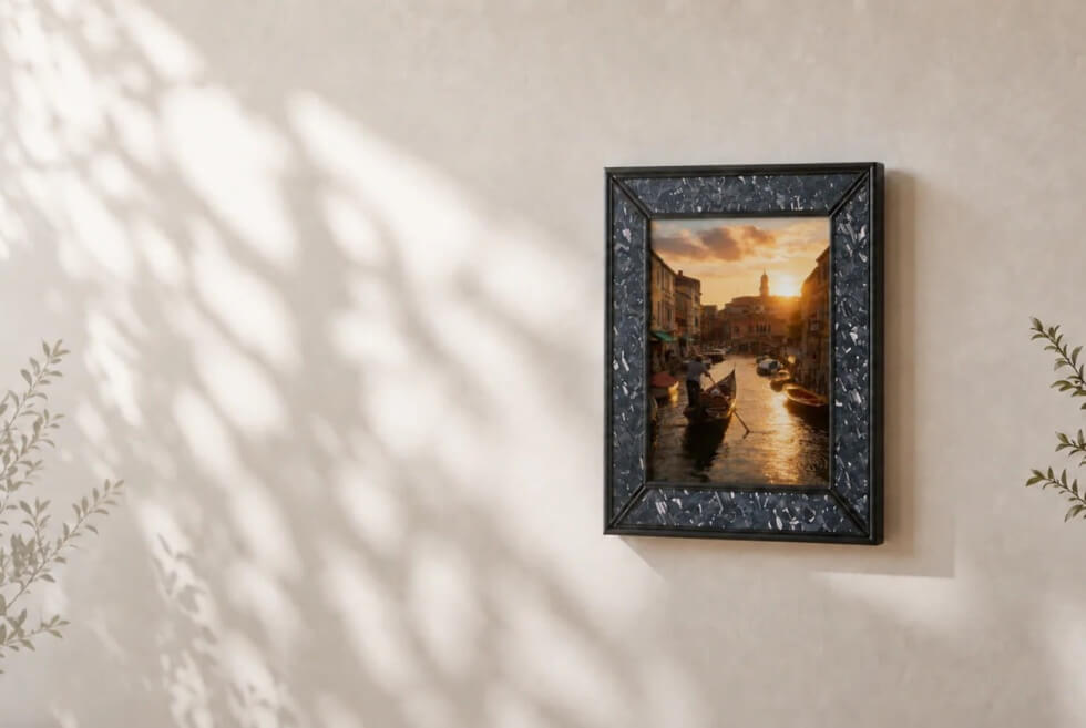 Inkanva full-color E-Ink canvas displaying Venice artwork on a sunlit wall